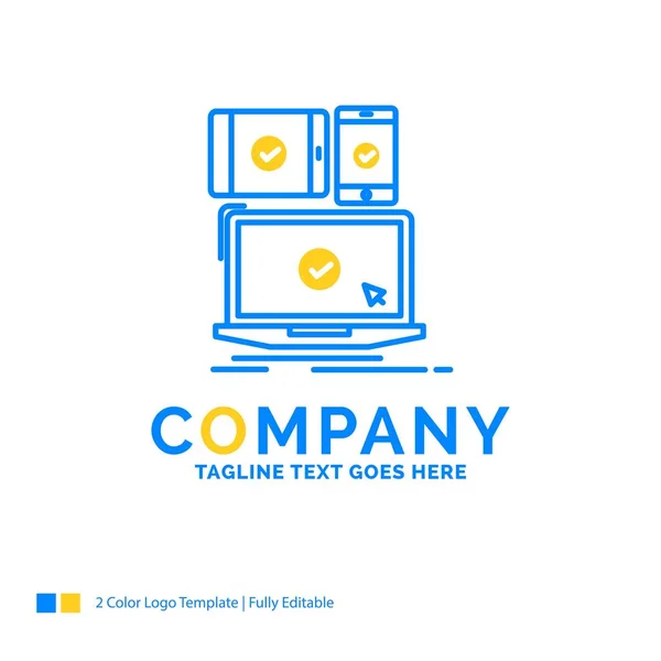 Computadora Dispositivos Móvil Sensible Tecnología Blue Yellow Business Logo Plantilla — Vector de stock