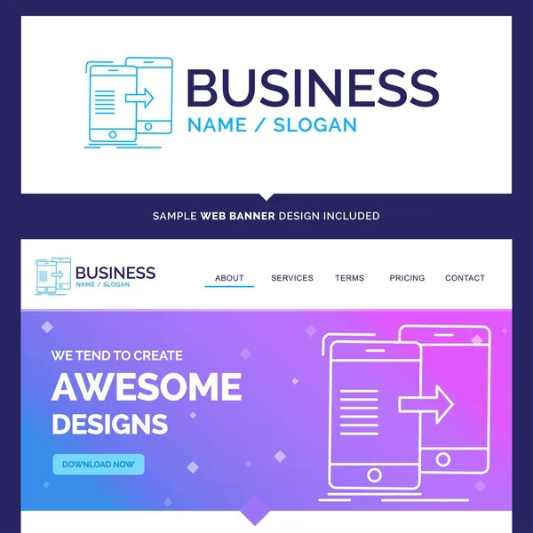 美しいビジネスコンセプトブランド名データ 同期ロゴデザインとピンクとブルーの背景ウェブサイトヘッダーデザインテンプレート スローガン タグラインのための場所 専用ウェブサイトバナーとビジネスロゴデザインテンプレート — ストックベクタ