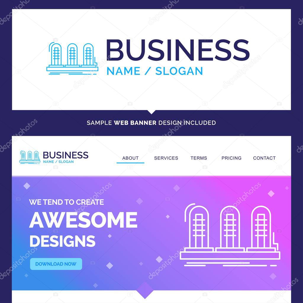 Beautiful Business Concept Brand Name amplifier, analog, lamp, sound, tube Logo Design and Pink and Blue background Website Header Design template. Place for Slogan / Tagline. Exclusive Website banner and Business Logo design Template
