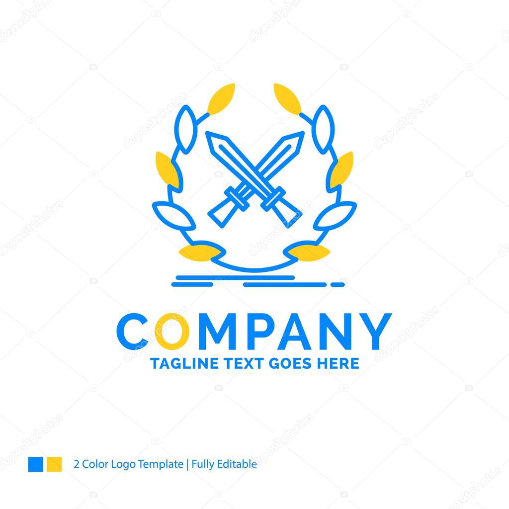 battle, emblem, game, label, swords Blue Yellow Business Logo template. Creative Design Template Place for Tagline.