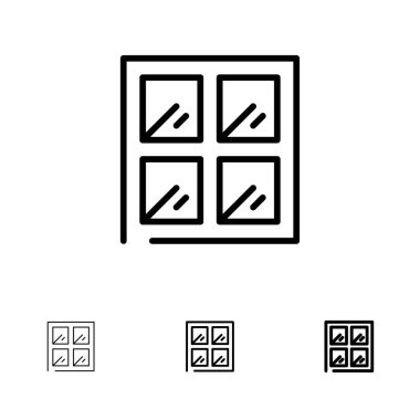 Pencere, Inşaat, yapı kalın ve ince siyah çizgi simge seti