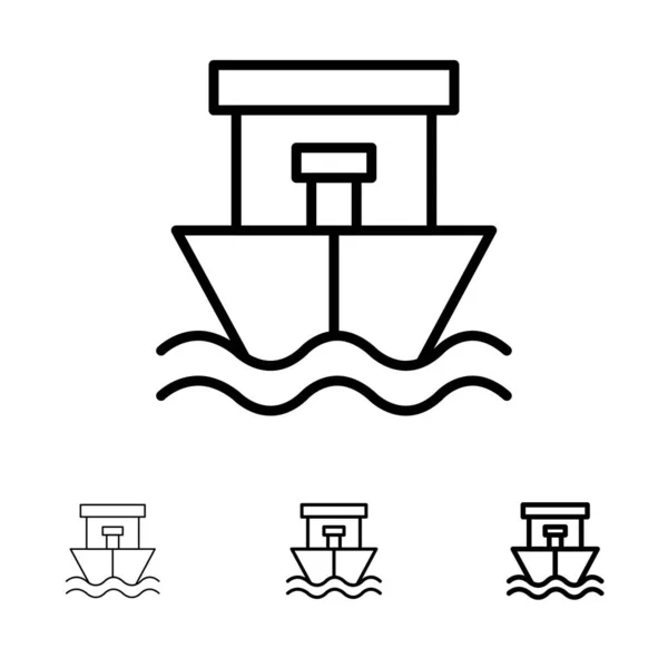 船、ビーチ、ボート、夏の太字と細い黒い線のアイコンセット — ストックベクタ
