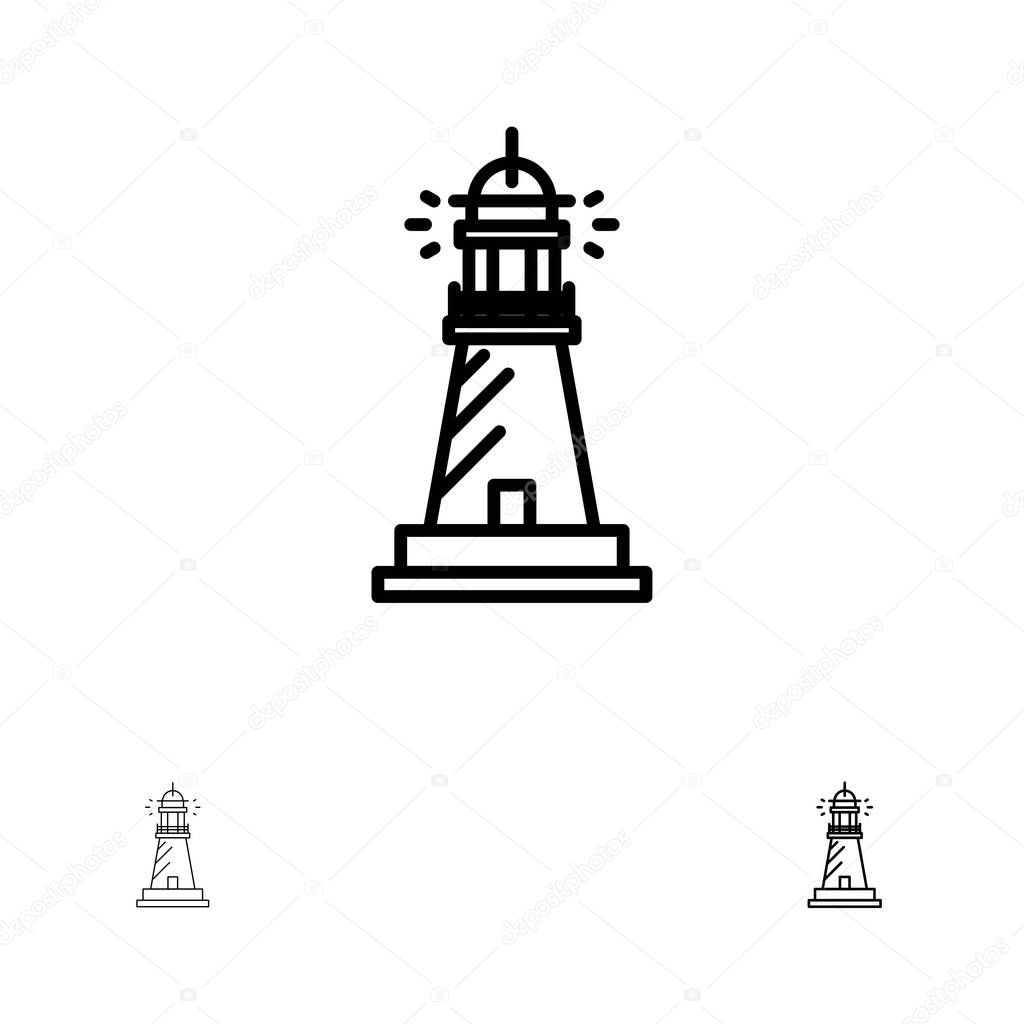 Lighthouse, House, Light, Beach, Ocean Bold and thin black line 