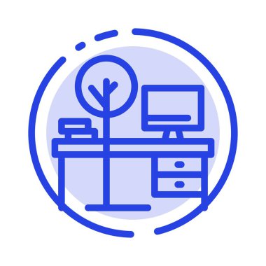 Comfort, Desk, Office, Place, Table Blue Dotted Line Line Icon