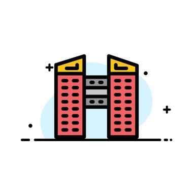 binalar, şehir, inşaat iş düz hat dolu simge ve