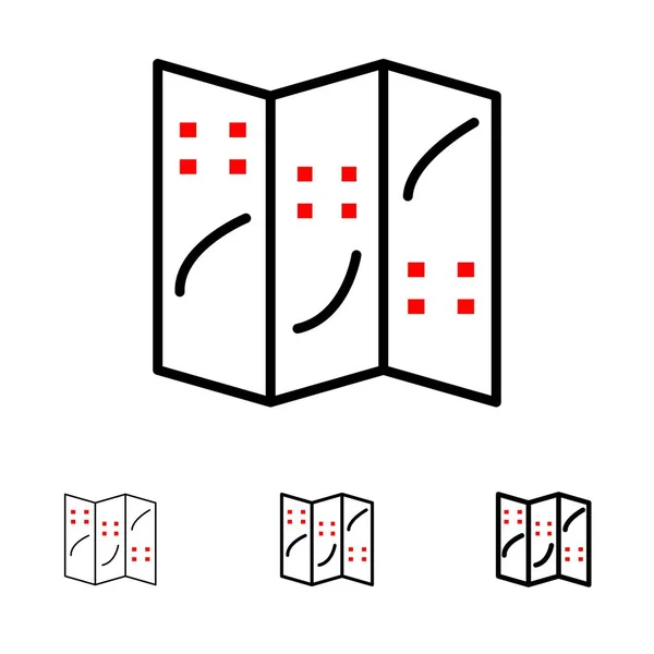 Mapa, navigace, umístění tučně a tenká černá čára sada ikon — Stockový vektor