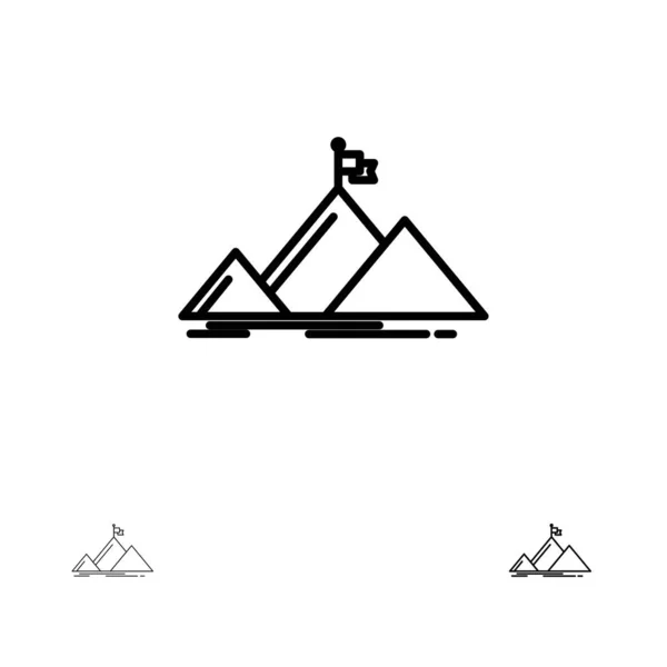 Succès, montagne, pic, drapeau, icône de ligne noire audacieuse et mince se — Image vectorielle