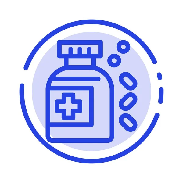 Bottle, Medicine, Tablet Blue Dotted Line Line Icon — Stock Vector