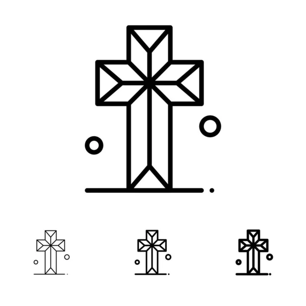 Katedral, kyrka, kors, församling fet och tunn svart linje ikon s — Stock vektor