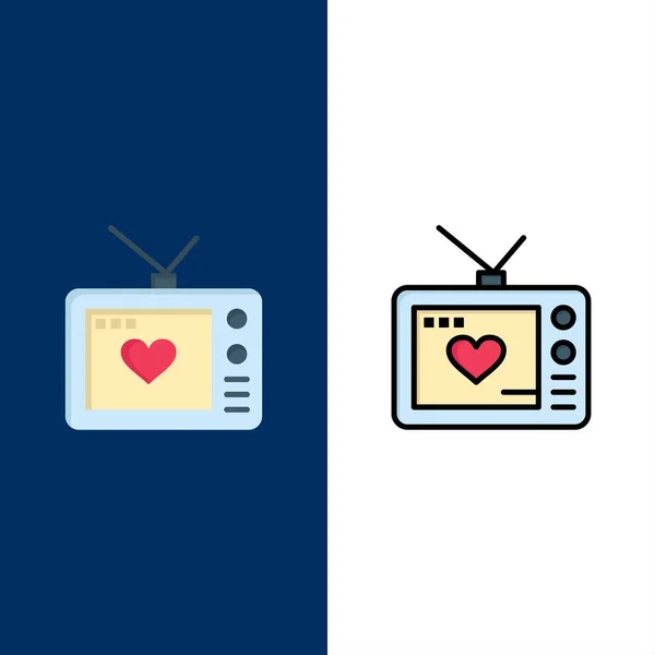 Television, Love, Valentine, Movie  Icons. Flat and Line Filled — Stock Vector