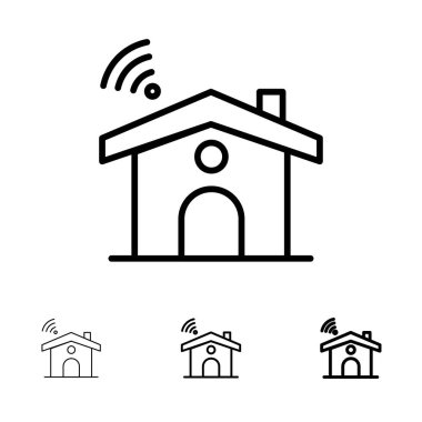Wifi, Servis, Sinyal, House Bold ve ince siyah çizgi simgesi seti