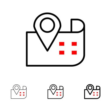 Harita, Gezinme, Konum Kalın ve ince siyah çizgi simge seti