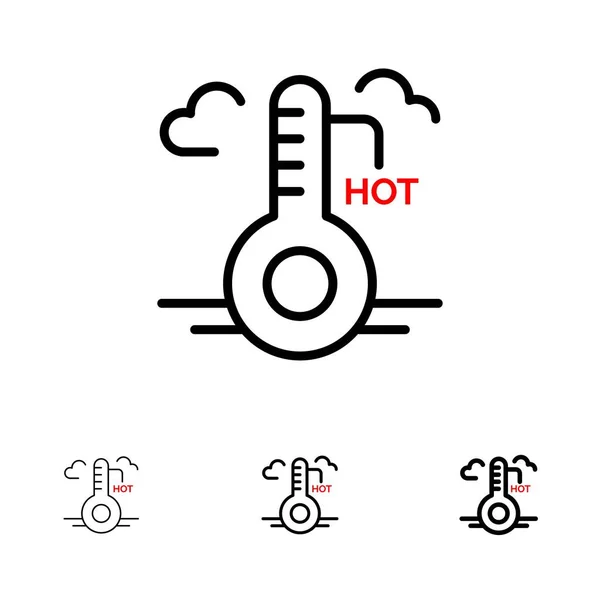 温度、ホット、天気、更新太字と細い黒線のアイコン — ストックベクタ