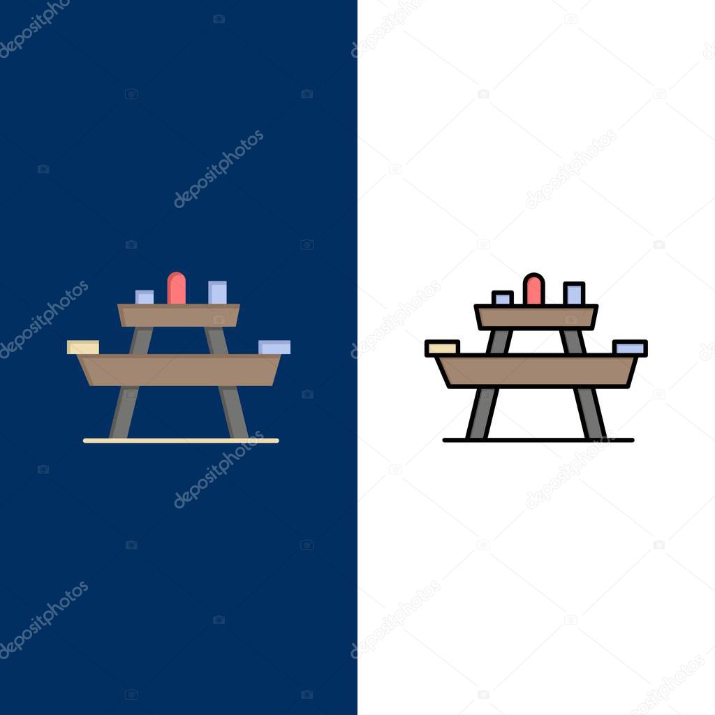 Bench, Food, Park, Seat, Picnic  Icons. Flat and Line Filled Ico