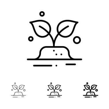 Yeşil, Ağaçlar, Dünya, Kalın ve ince siyah çizgi simge seti kaydet