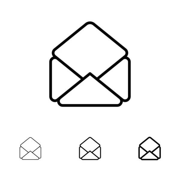 Σύνολο εικονιδίων αλληλογραφίας, ηλεκτρονικού ταχυδρομείου, ανοίγματος έντονης γραφής και λεπτής μαύρης γραμμής — Διανυσματικό Αρχείο