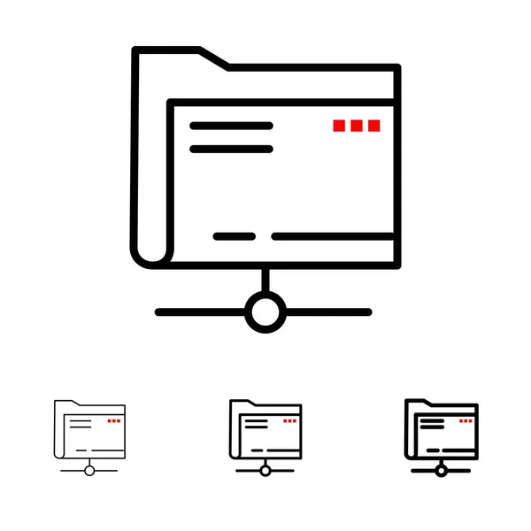Carpeta, datos, servidor, almacenamiento Conjunto de iconos de línea negra audaz y delgada — Archivo Imágenes Vectoriales