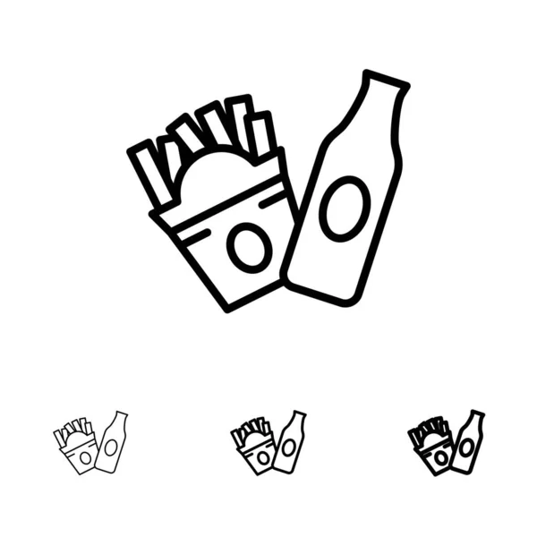 Flaska, pommes frites, amerikansk fet och tunn svart linje ikon set — Stock vektor