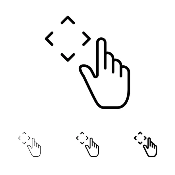 Vinger, omhoog, gebaren, verplaatsen vet en dunne zwarte lijn icon set — Stockvector