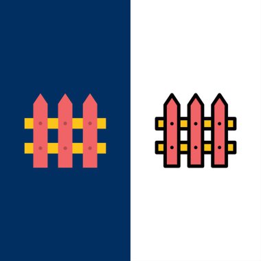 İnşaat, Çit, Bahçe Simgeleri. Düz ve Çizgi Dolu Simge Se