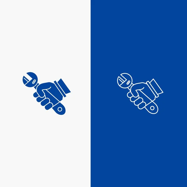 Llave, reparación, reparación, herramientas, línea de mano y glifo sólido icono azul — Vector de stock