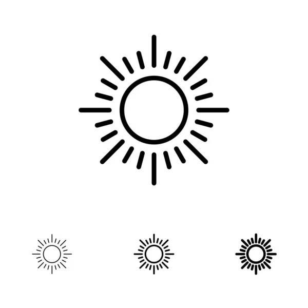 Słońce, Sunrise, zachód słońca pogrubienie i cienka Czarna linia ikona zestaw — Wektor stockowy