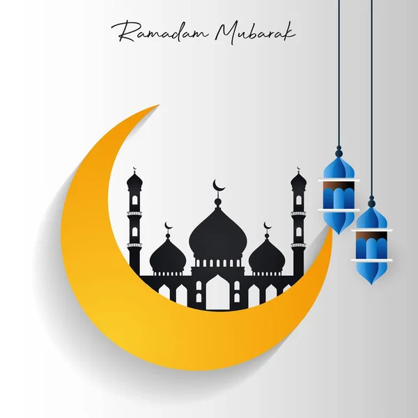 Ramadan Kareem Mesquita em Cresent Moon com pendurado Lanterna Creat — Vetor de Stock