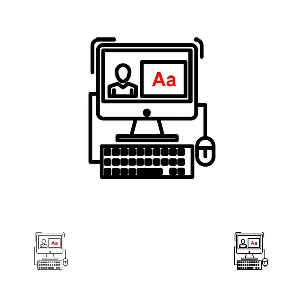 Computer, Bildschirm, Software, Bearbeitung fett und dünn schwarze Linie ico — Stockvektor