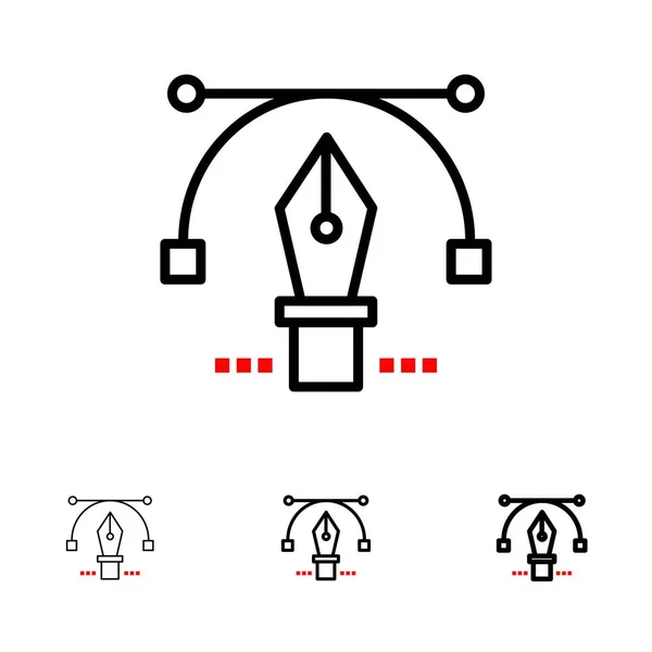Pero, tužka, text, výuka tučné a tenká černá čára sada ikon — Stockový vektor