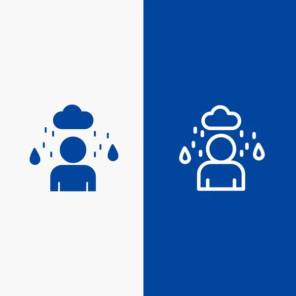 Man, Cloud, Rainy Line y Glyph Solid icono azul de la línea de bandera y — Archivo Imágenes Vectoriales