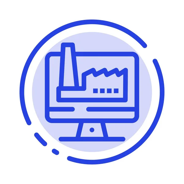 Ordenador, edificio, monitor, línea de puntos azules de fábrica Icono — Vector de stock
