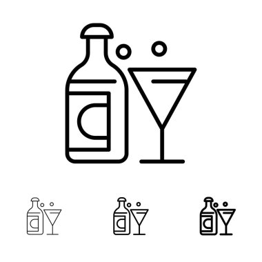 Şarap, cam, şişe, Paskalya Bold ve ince siyah çizgi simge seti