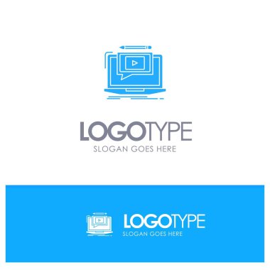 Laptop, Oyuncu, Ekran, Öğretici, Pla ile Video Mavi Katı Logo