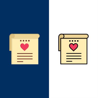 Dosya, Aşk, Düğün, Kalp Simgeleri. Düz ve Çizgi Dolu Simge Seti