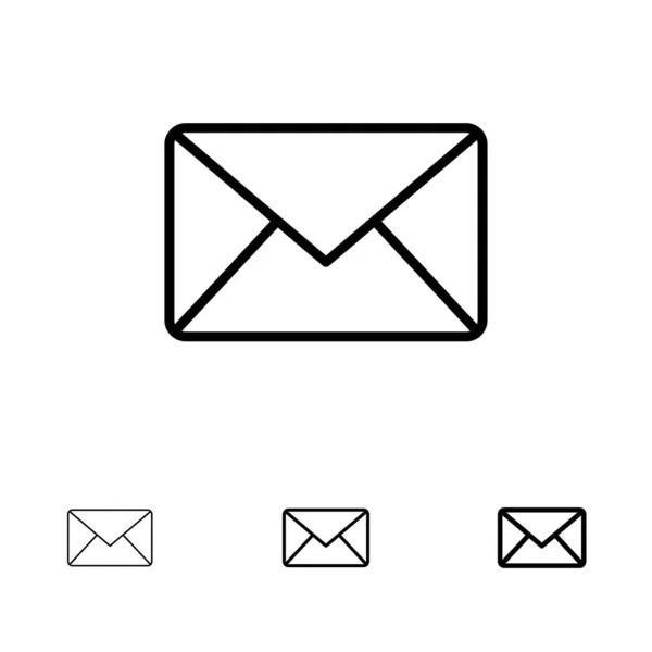이메일, 메일, 메시지, SMS 굵고 얇은 검은 색 라인 아이콘 세트 — 스톡 벡터