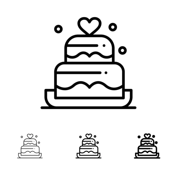 Torta, Amore, Cuore, Matrimonio Grassetto e sottile linea nera icona set — Vettoriale Stock