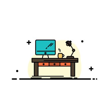 İş yeri, İş yeri, Bilgisayar, Masa, Lamba, Ofis, Tablo Düz Çizgisi Simge Vektör Şablonu Dolduruldu