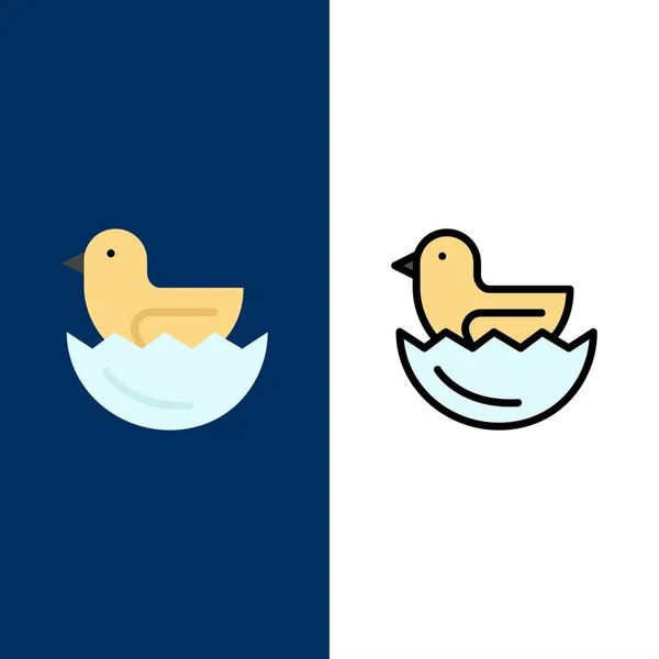 Pato, huevo, iconos de Pascua. Conjunto de iconos planos y rellenos de línea Vector B — Vector de stock