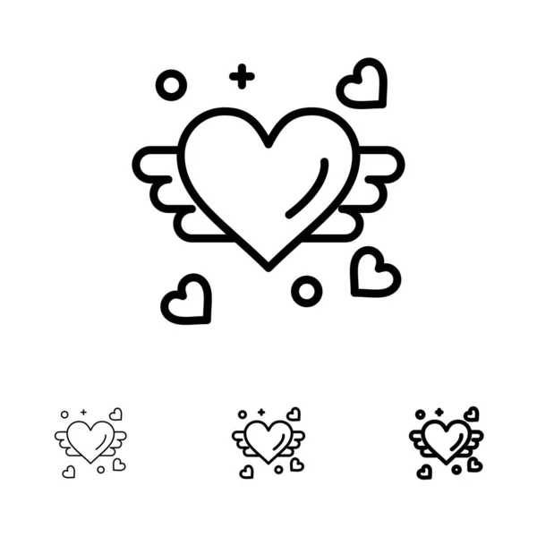 Amor, Amor, Coração, Casamento Bold e fino conjunto de ícones de linha preta — Vetor de Stock