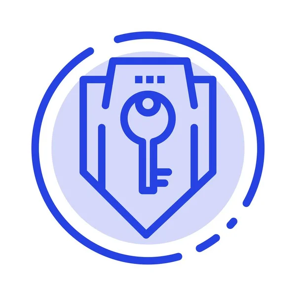 Toegang, sleutel, bescherming, beveiliging, schild blauw gestippelde lijn — Stockvector