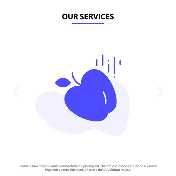 Nossos serviços Apple, Alimentos, Ciência Solid Glyph Icon Web card Temp — Vetor de Stock
