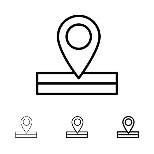 Kaart, locatie, plaats vet en dunne zwarte lijn icon set — Stockvector
