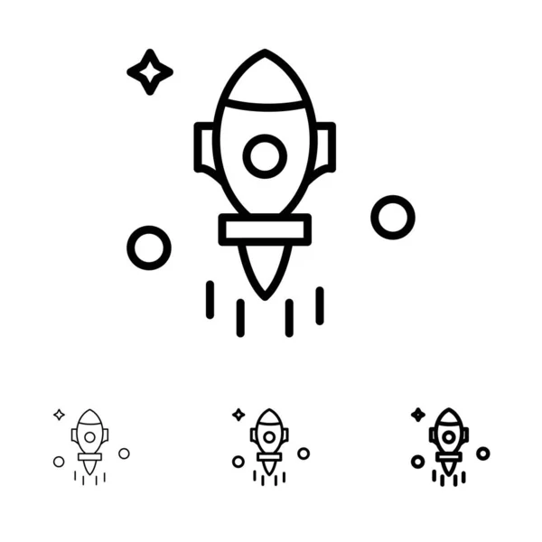 天文学, 火箭, 空间, 飞行大胆和薄黑线图标集 — 图库矢量图片
