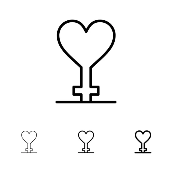 Hjärta, kön, symbol fet och tunn svart linje Ikonuppsättning — Stock vektor