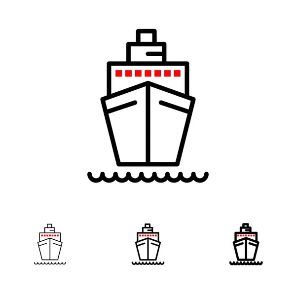 Bateau, Bateau, Transport, Bateau Ensemble d'icônes de ligne noire audacieuses et minces — Image vectorielle