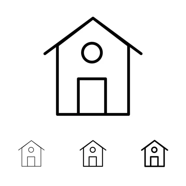 Hem, hus, bygga fet och tunn svart linje Ikonuppsättning — Stock vektor