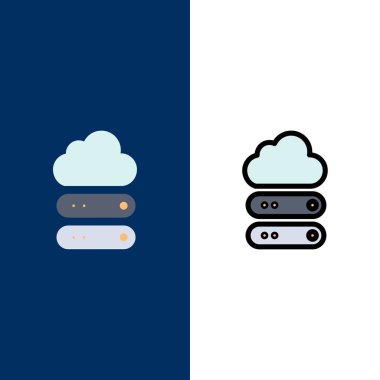 Büyük, Bulut, Veri, Depolama Simgeleri. Düz ve Çizgi Dolu Simge Seti 