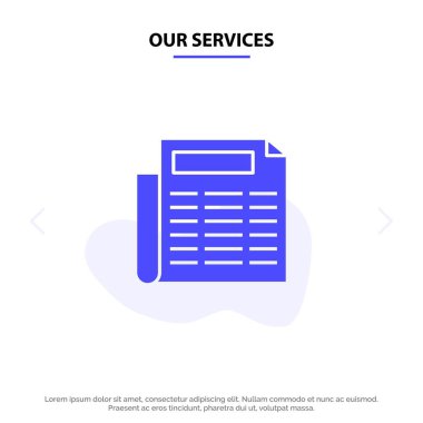 Hizmetlerimiz Haberler, Kağıt, Belge Katı Glyph Icon Web kartı Tem