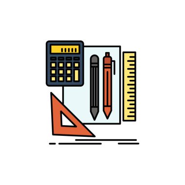 Kırtasiye, Kitap, Hesap Makinesi, Kalem Düz Renk Simgesi. Vektör simgesi 