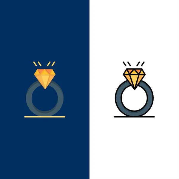 Anillo, Diamante, Propuesta, Matrimonio, Iconos del Amor. Plano y Línea Fi — Vector de stock